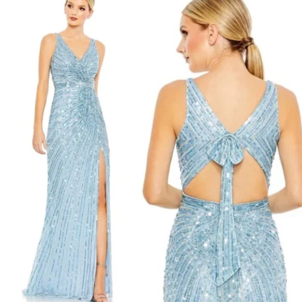 MAC DUGGAL 5685 SEQUINED FAUX WRAP SLEEVE ICE BLUE GOWN sz 10